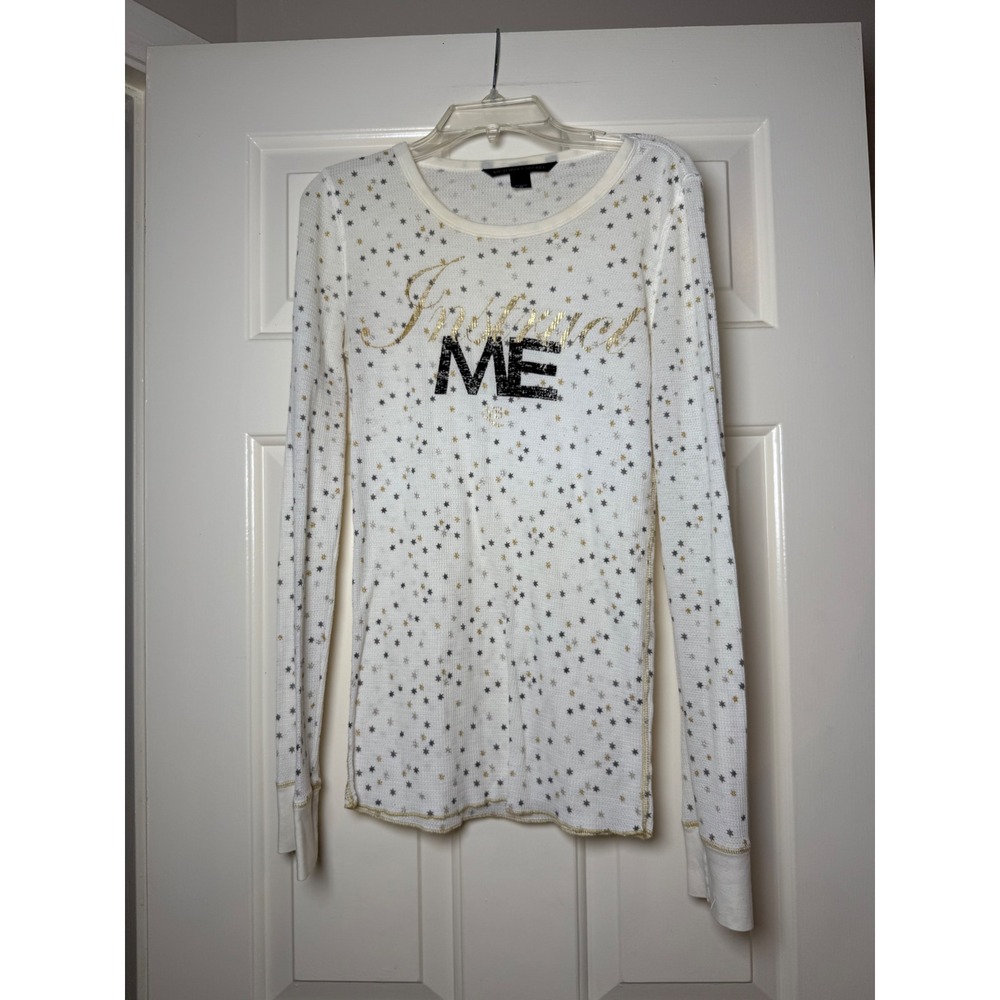Victorias‎ Secret Star Print Waffle Knit Thermal Top White Gold Silver Sequin M